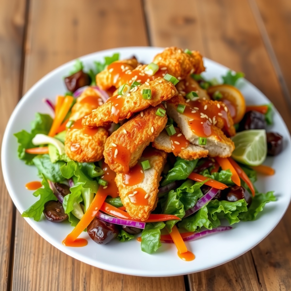 Crispy Asian sesame chicken salad with greens, vegetables, and sesame dressing on a wooden table.